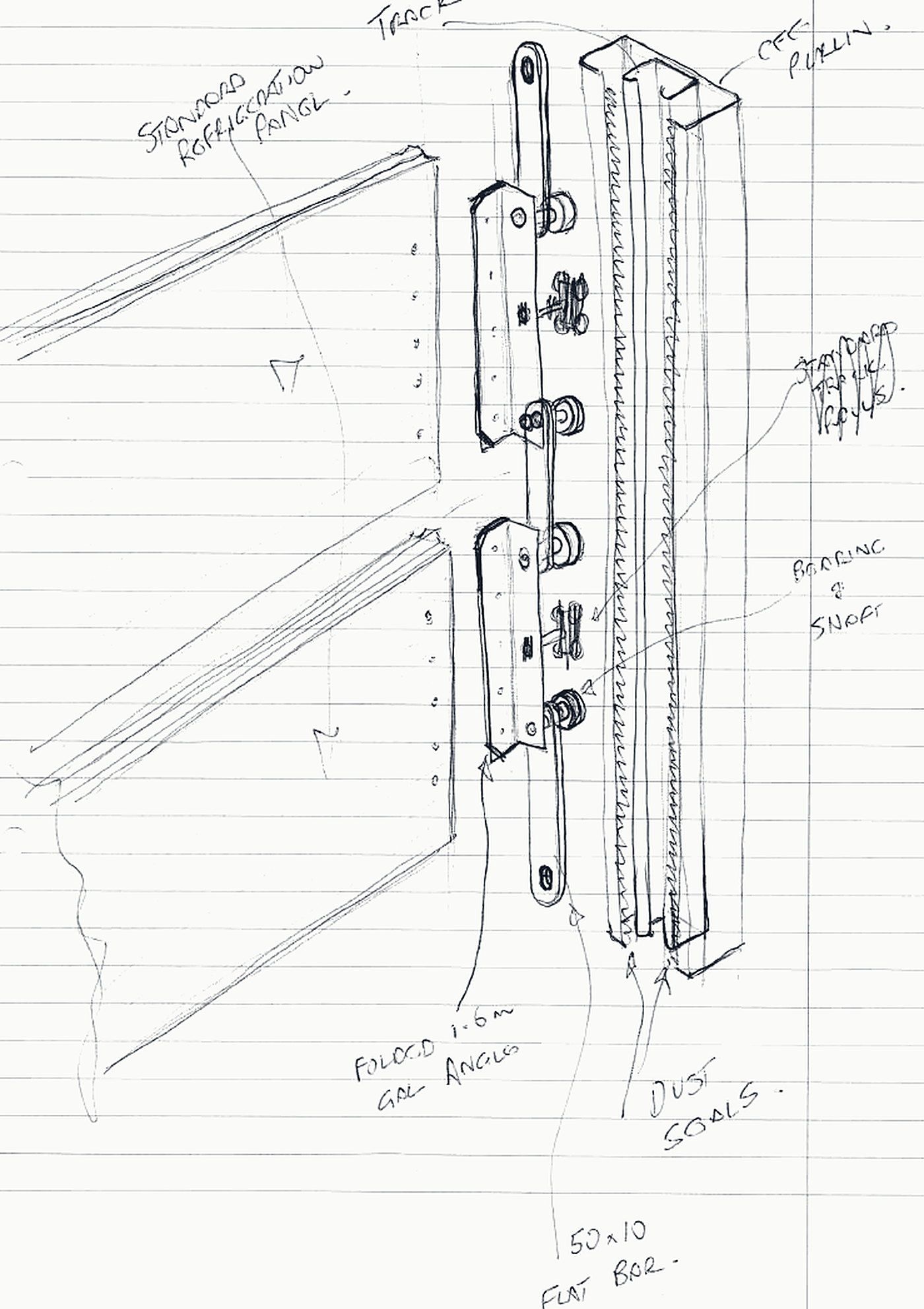 Hand-drawn engineering sketch of a door-frame joint with dimensions and notes