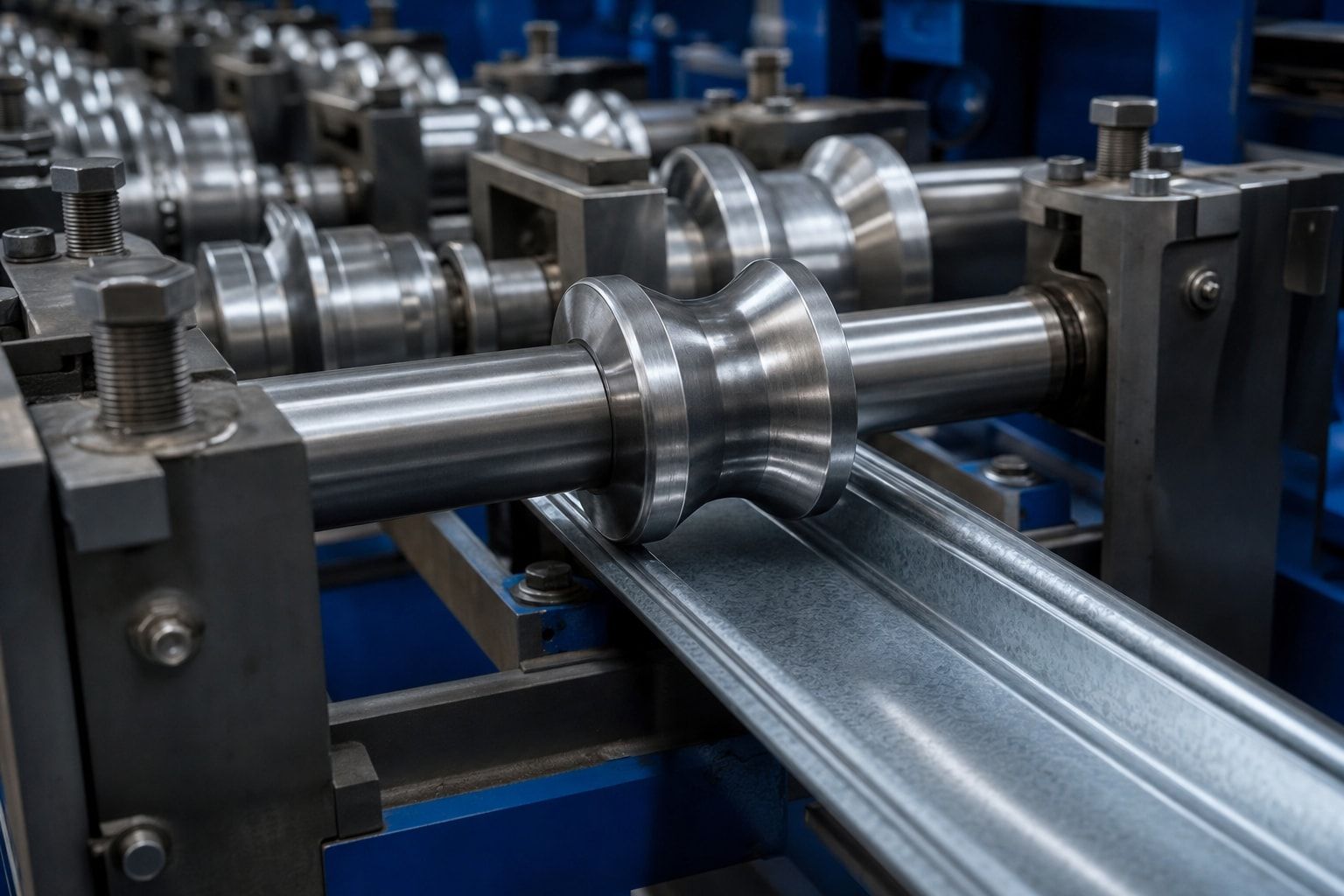 Precision roll-forming tooling shaping a galvanised steel profile