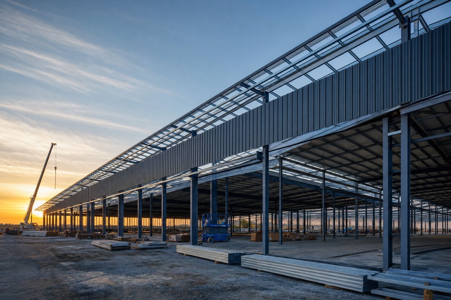 Steel-framed industrial building under construction with galvanised purlins