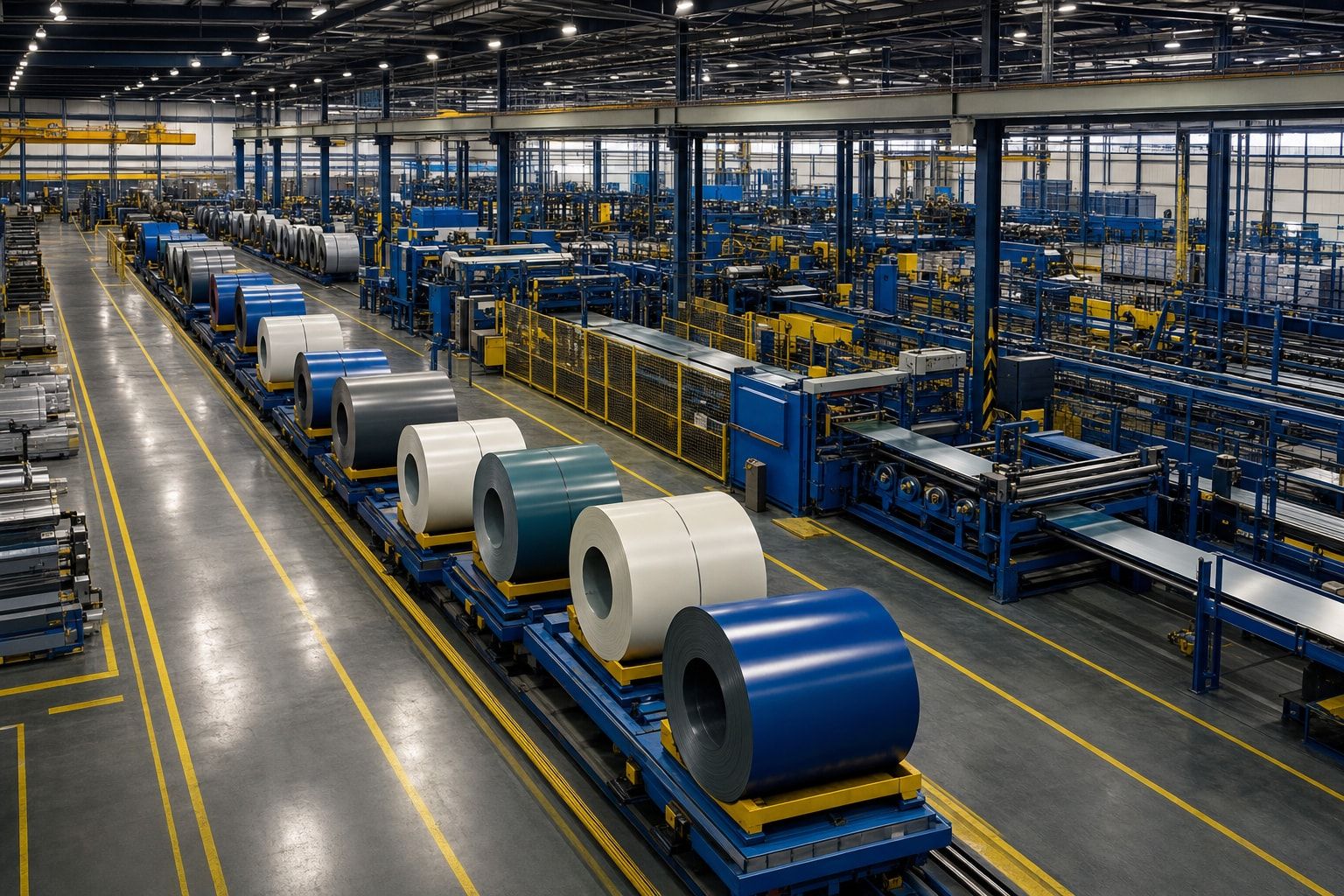 Elevated view of a factory hall with steel coils and automated production lines